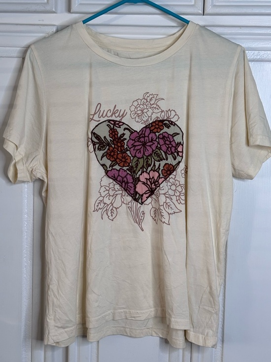 Lucky Brand Tops - Lucky Brand Cream Graphic Tee with Floral Embroidered Print XL